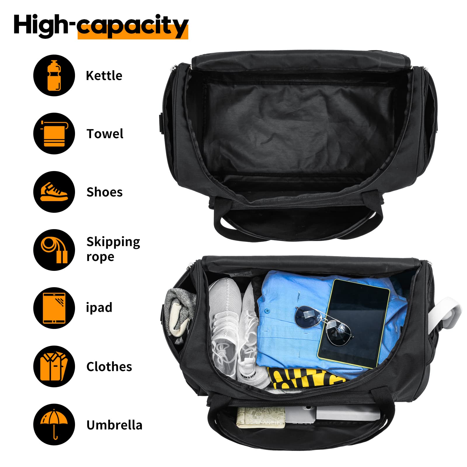 Ripstop Waterproof Gym Duffle Bag, Large Travel Weekender Duffel with Detachable Adjustable Shoulder Strap & Padded Hand Handle