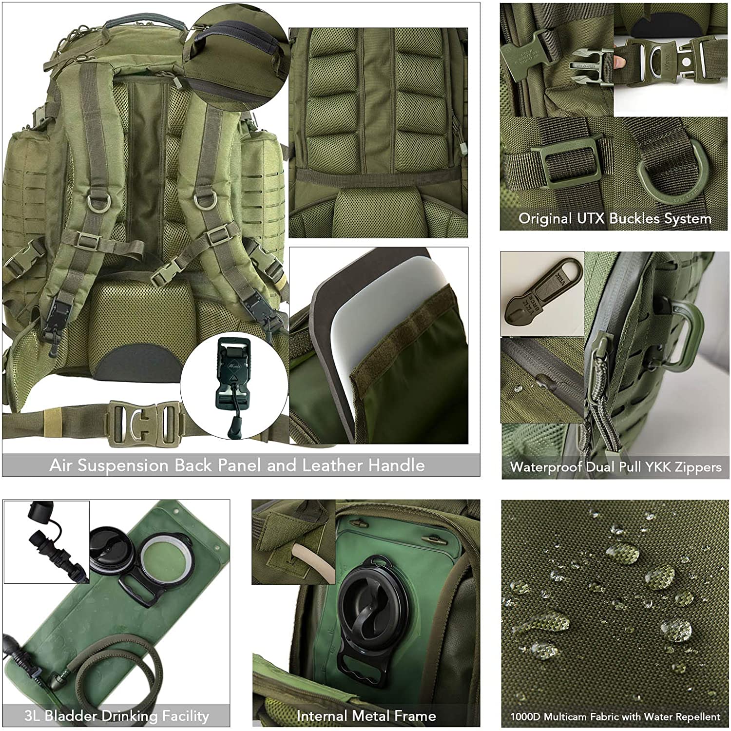 55L Laser Cut Tactical Backpack Full Set with 3L Hydration Bladder, Detachable Pouches & Waist Belt, Modular Military Backpack for Outdoor Camping, Hunting, Hiking & Emergency Gear