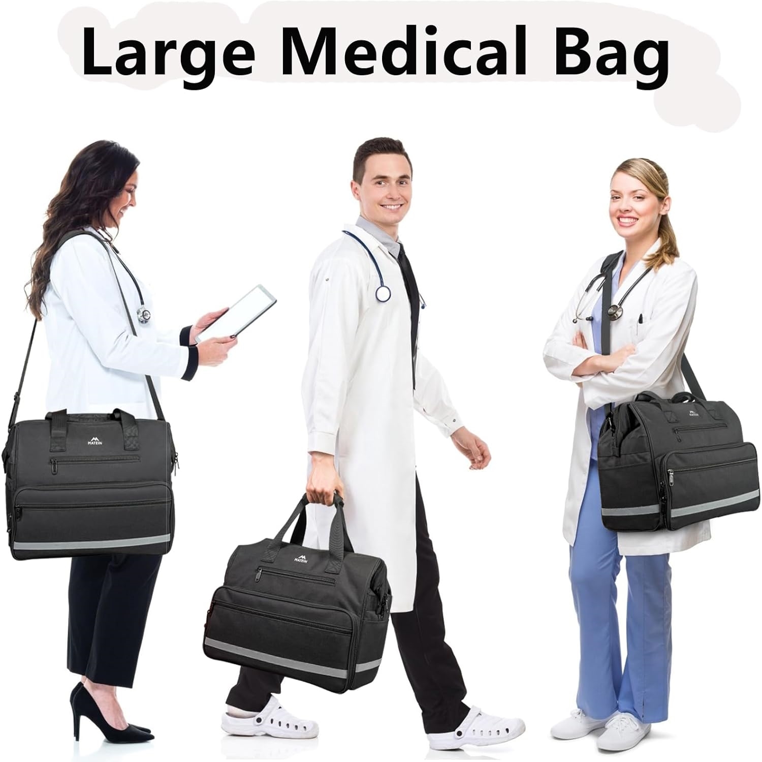 Reflective Large Medical Nurse Bag, Multi-Compartment Empty EMT First Aid Organizer for Home Visits & Clinical Use