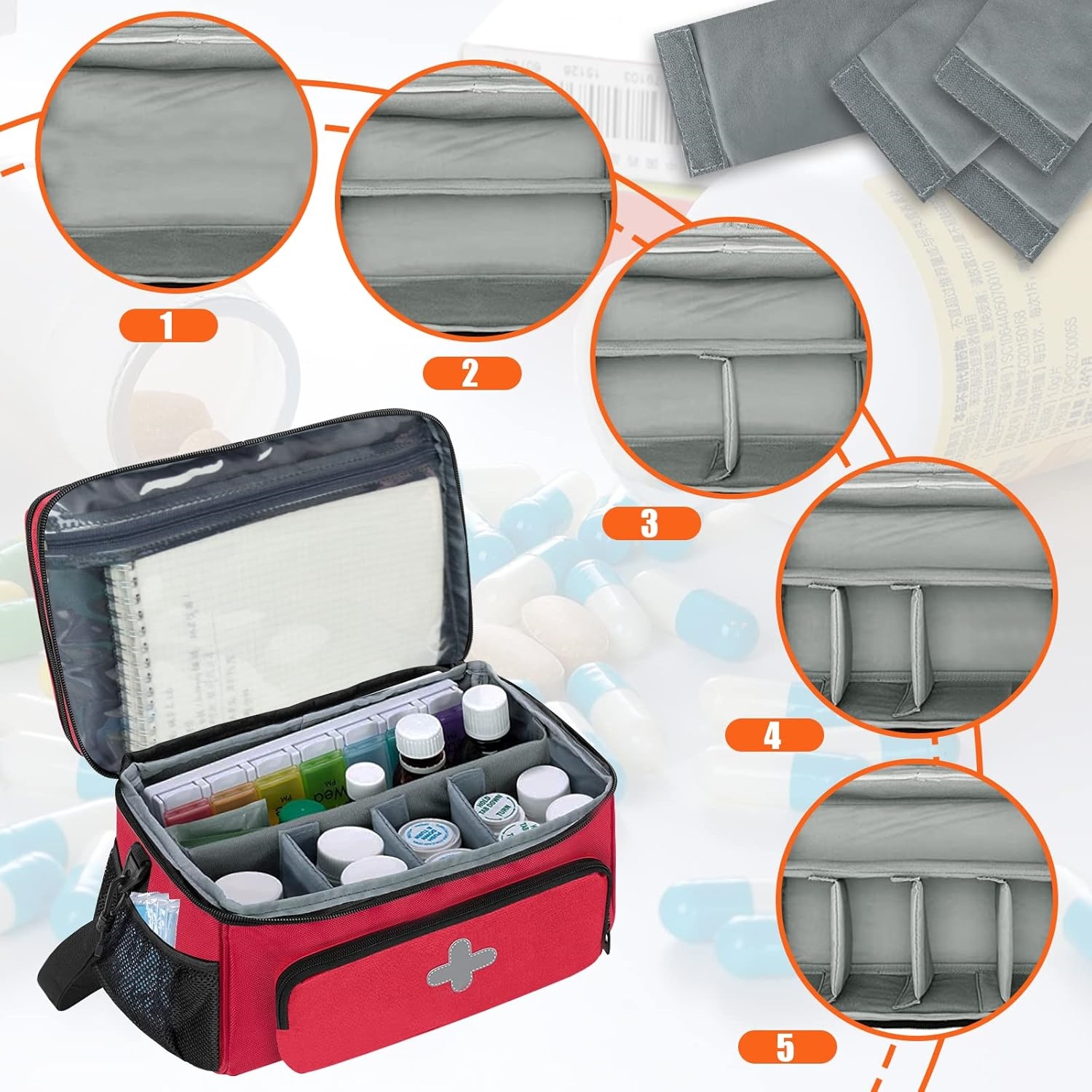 Double Layer Medicine Storage Bag, Large Empty Family First Aid Kit Organizer with Detachable Small Pouch for Travel & Household Use