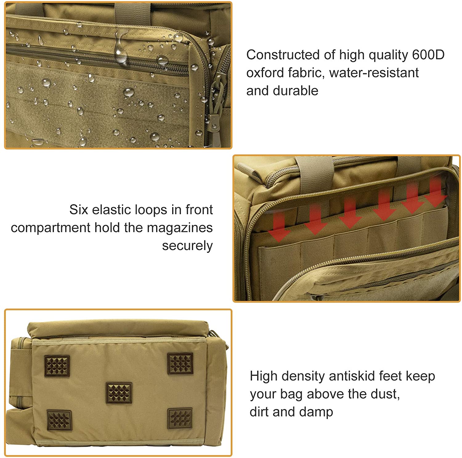6 Magazine Loops Tactical Range Bag, 600D Waterproof Shooting Gun Bag with Insulated Water Bottle Pocket & Anti-Skid Bottom for Hunting Range Transport