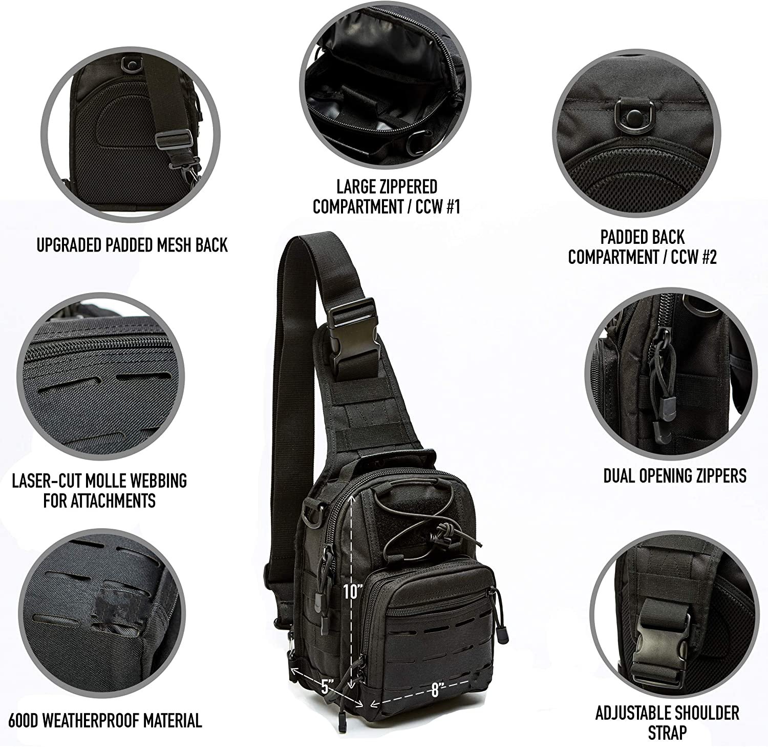 Concealed Carry CCW Tactical Sling Bag, 600D Weatherproof Laser Cut Molle Crossbody Backpack with Dual Padded Gun Compartments