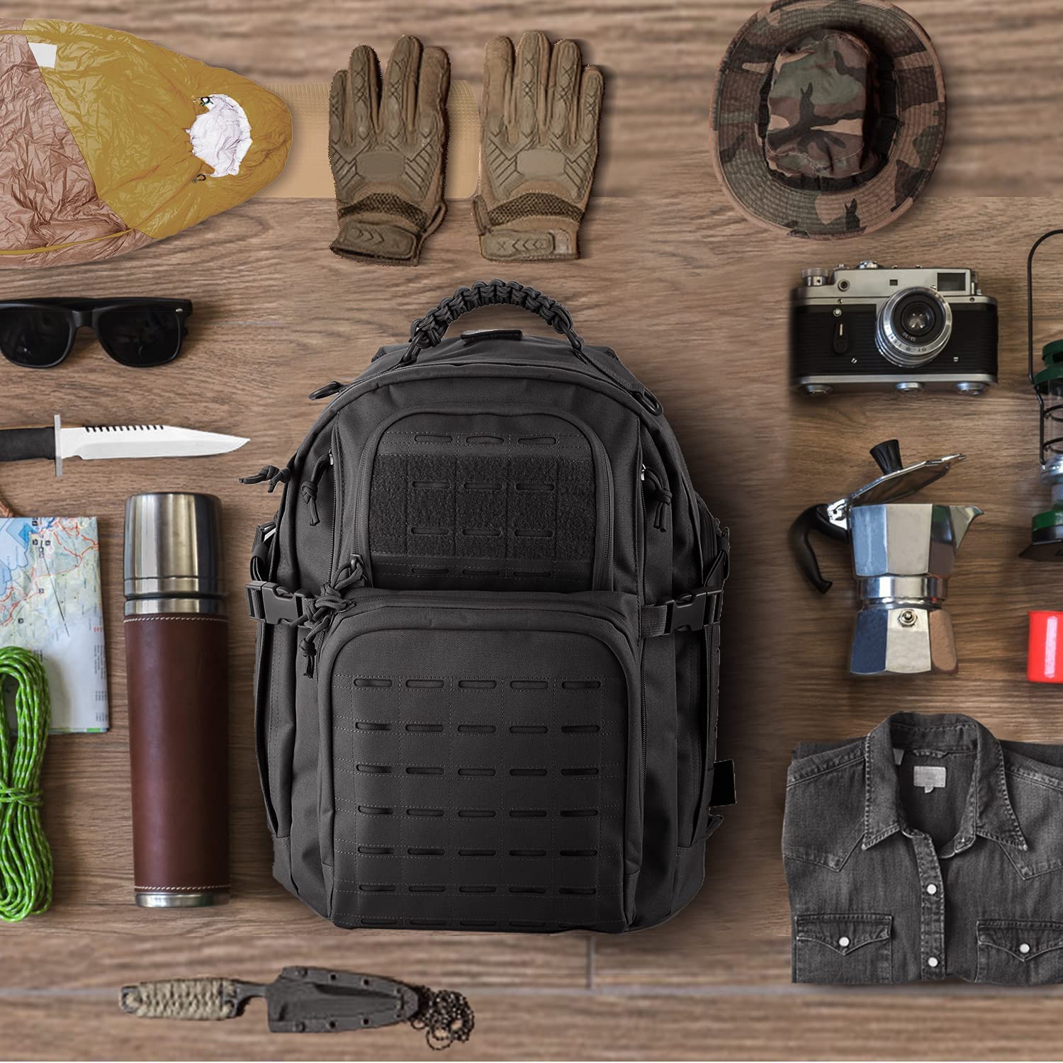 42L Tactical Backpack Laser Cut Molle System, 600D Oxford Military Rucksack with Braided Top Handle & Free USA Flag Patch for Outdoor Hunting Camping