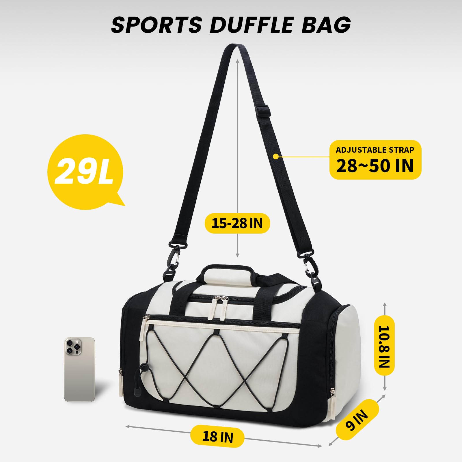 29L Large Sports Duffle Bag, Multi Compartment Gym Carry Bag with Separate Shoe Pocket & Adjustable Crossbody Strap