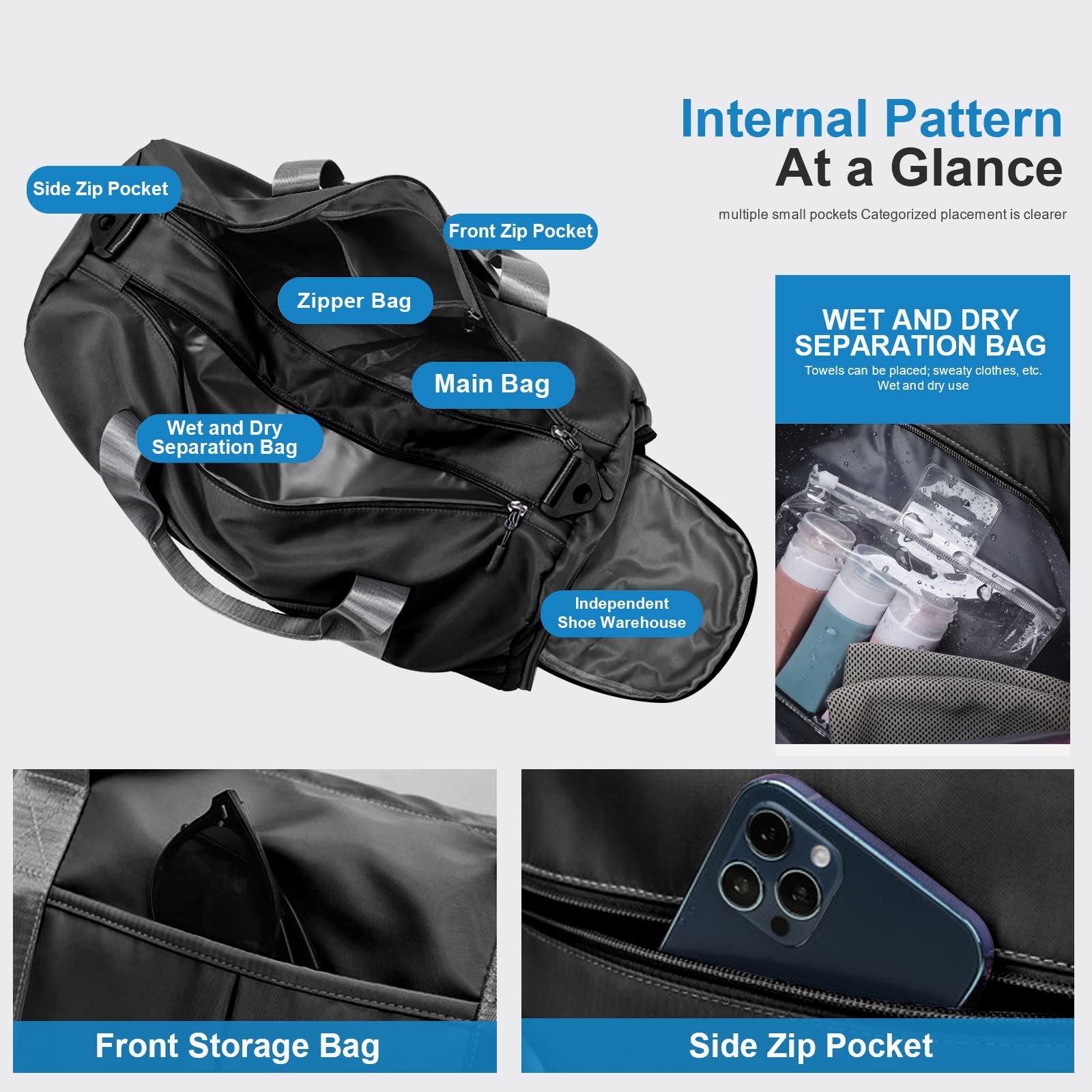 Large Capacity Sports Gym Duffle Bag, Waterproof Travel Overnight Bag with Detachable Shoulder Strap & Separate Shoe Pocket