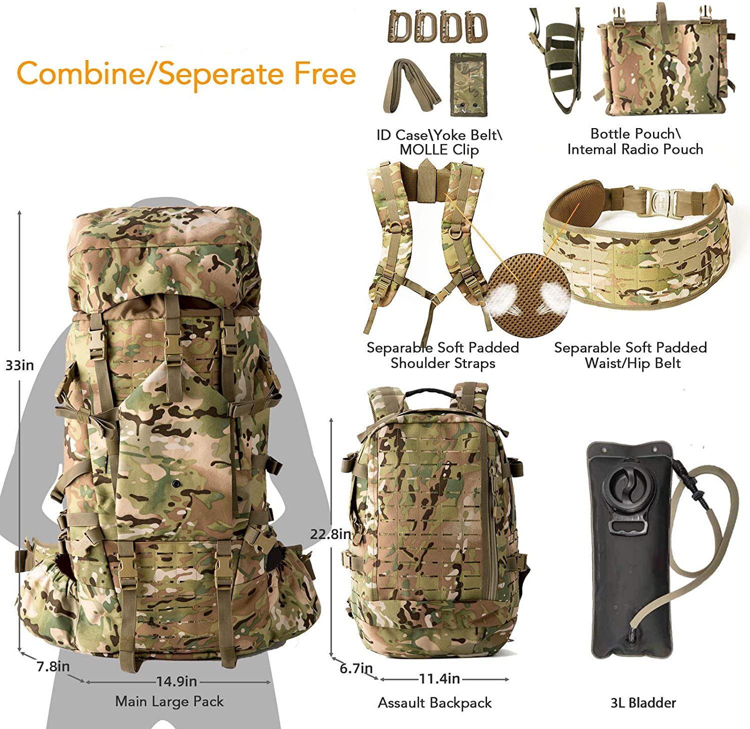 2-in-1 Detachable Modular Tactical Backpack System, Multicam Combo Pack with Main Rucksack, Assault Daypack & 3L Hydration Bladder, MOLLE Backpack for Field Expedition, Hiking & Survival
