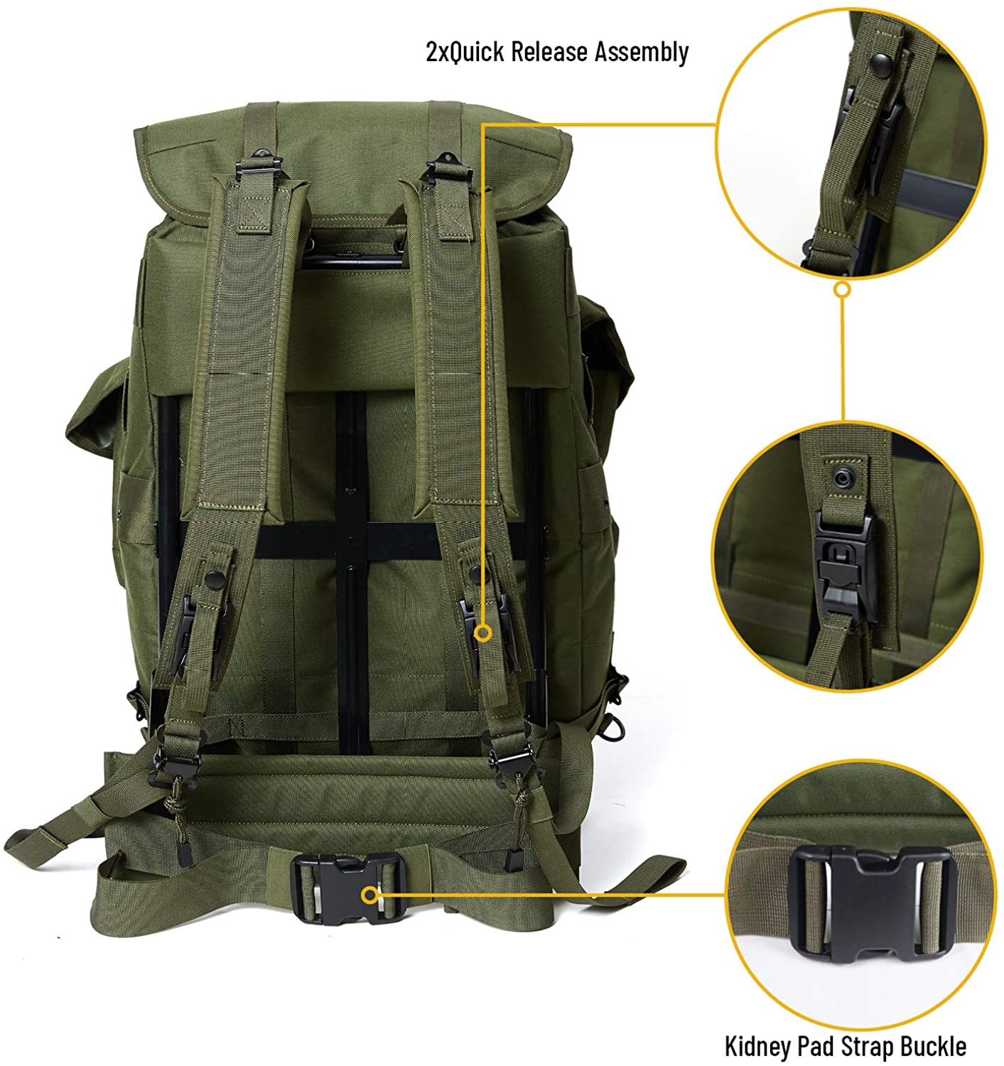 Vintage Olive Military Canvas Rucksack, Large Capacity External Frame Backpack with 3 Detachable Utility Pouches
