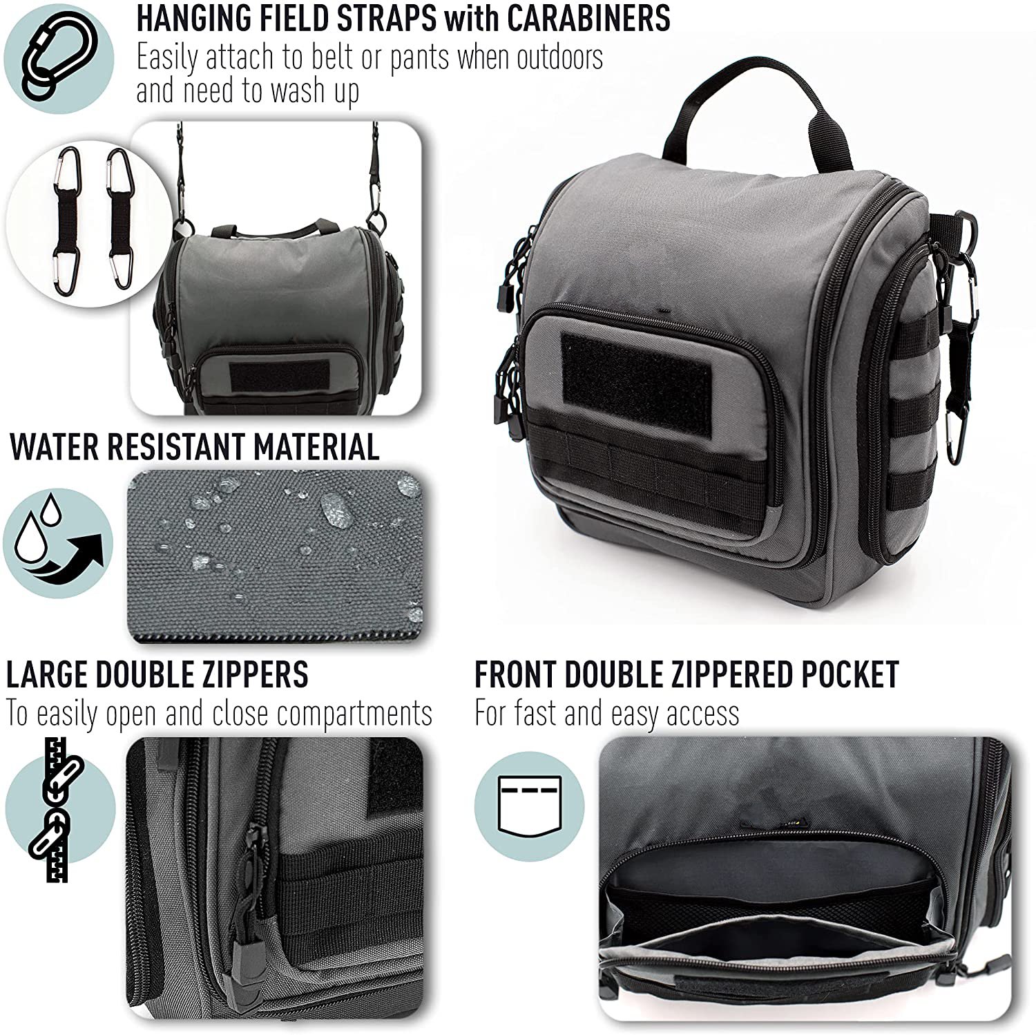 Tactical Hanging Travel Toiletry Bag, Water Resistant Foldable Wash Bag with MOLLE Webbing & Detachable Hanging Straps for Outdoor Camping Hiking Business Trip