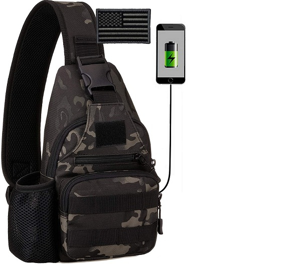 Tactical Sling Bag with External USB Charging Port, Lightweight MOLLE Crossbody Chest Pack, Water Resistant EDC Shoulder Bag for Outdoor Hiking Fishing Cycling Daily Carry