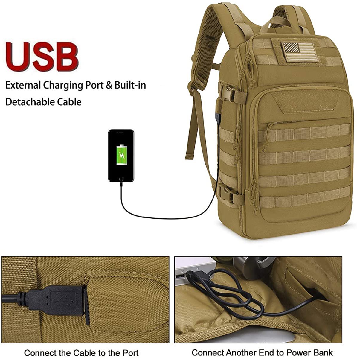 Tactical Backpack with External USB Charging Port, Water Resistant MOLLE Military Rucksack for Outdoor Hiking Camping Travel Daily EDC