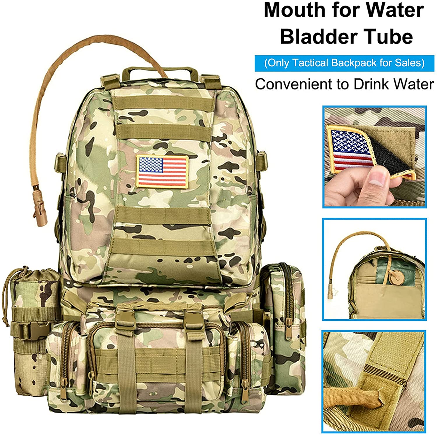 Modular Camouflage Tactical Backpack with Detachable Pouches, Water Resistant MOLLE Military Rucksack Kit with Water Bottle Holder for Hunting Camping Hiking Survival