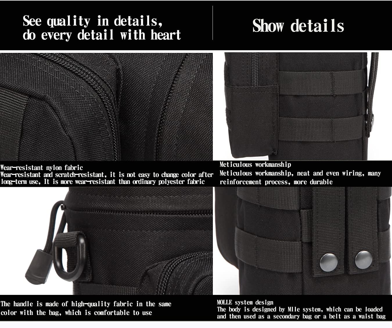 600D Nylon Tactical Water Bottle Pouch, MOLLE Water Bottle Carrier with Detachable Shoulder Strap & Side Storage Pocket for Outdoor Hiking Camping