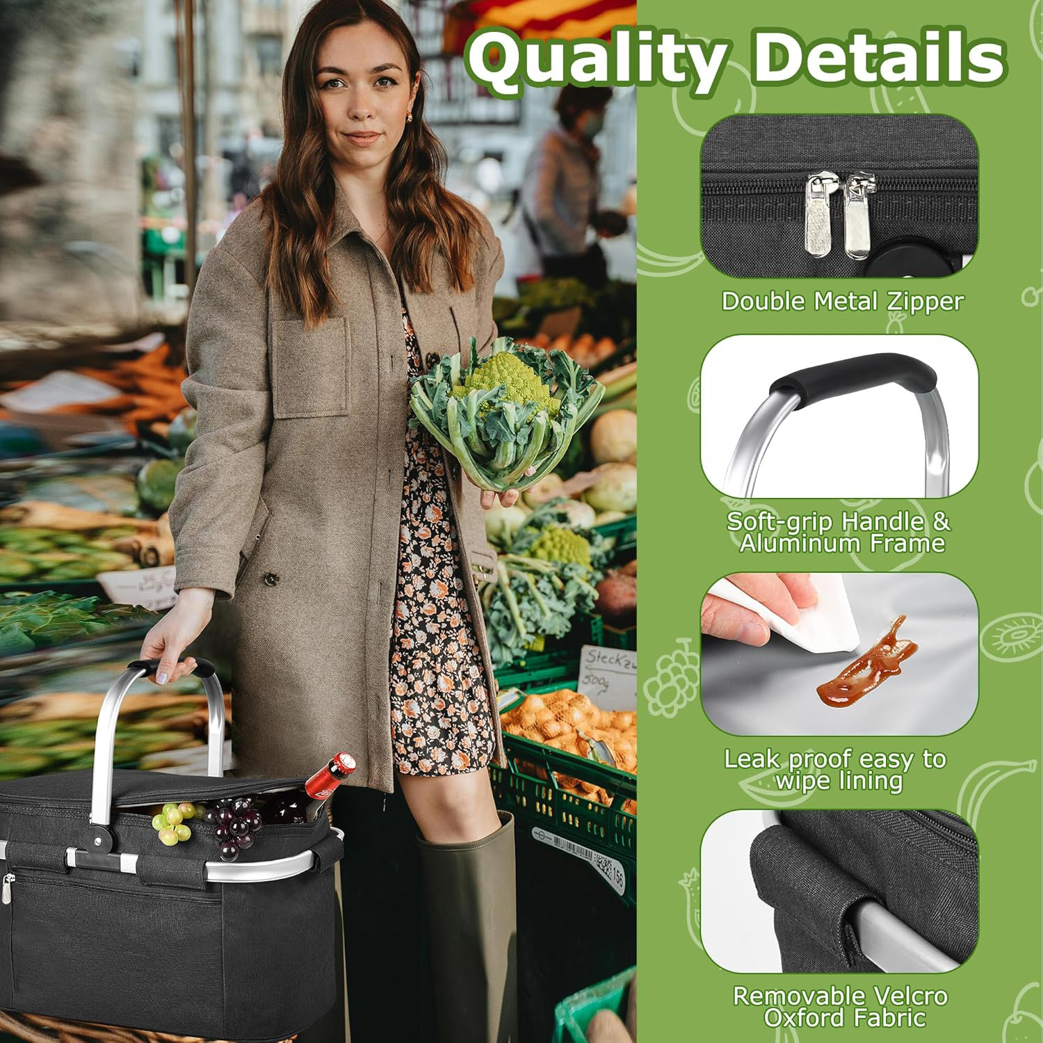 34L Collapsible Insulated Cooler Basket, Foldable Aluminum Frame Leakproof Thermal Cooler Bag for Picnic, Beach, Camping & Grocery