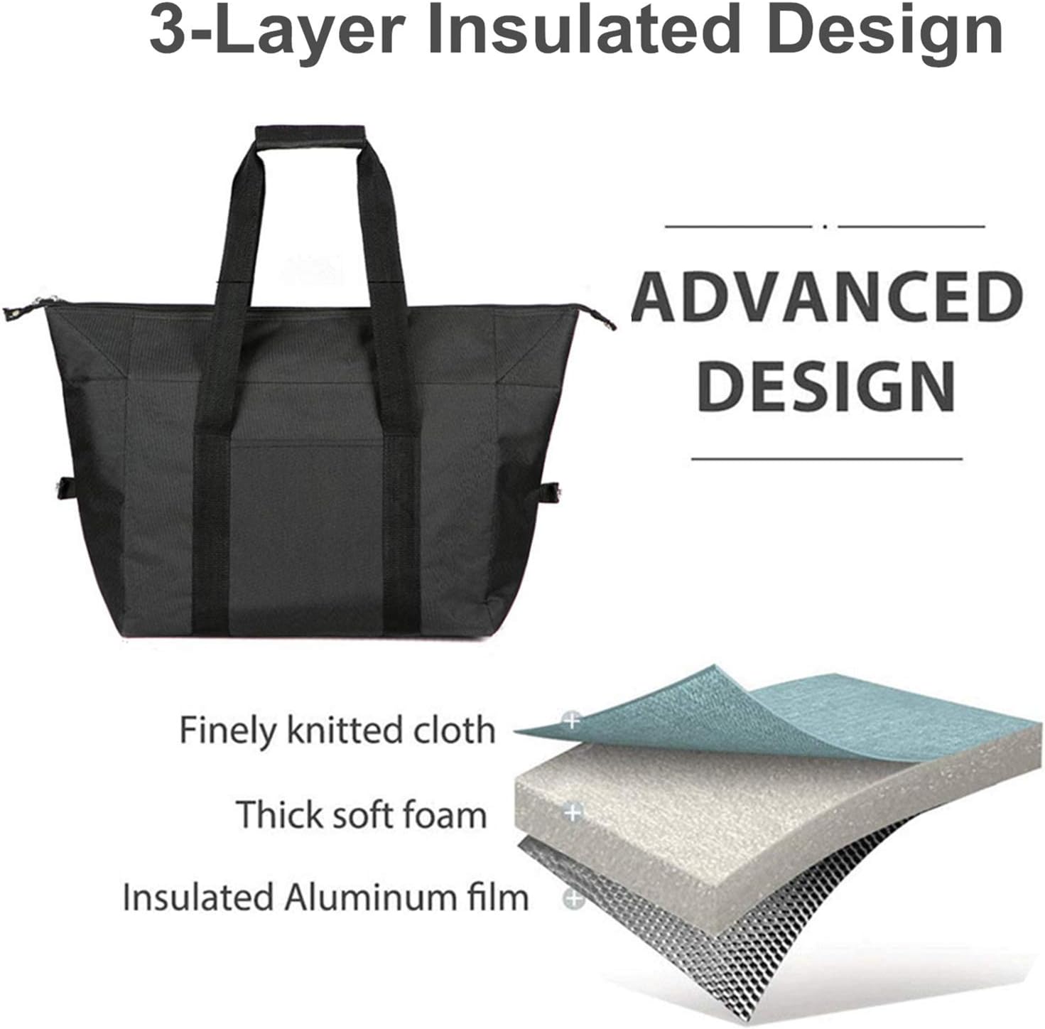 3-Layer Insulated Large Cooler Tote Bag, Waterproof Aluminum Foil Thermal Carrier with Sturdy Long Handles for Groceries, Picnic & Beach