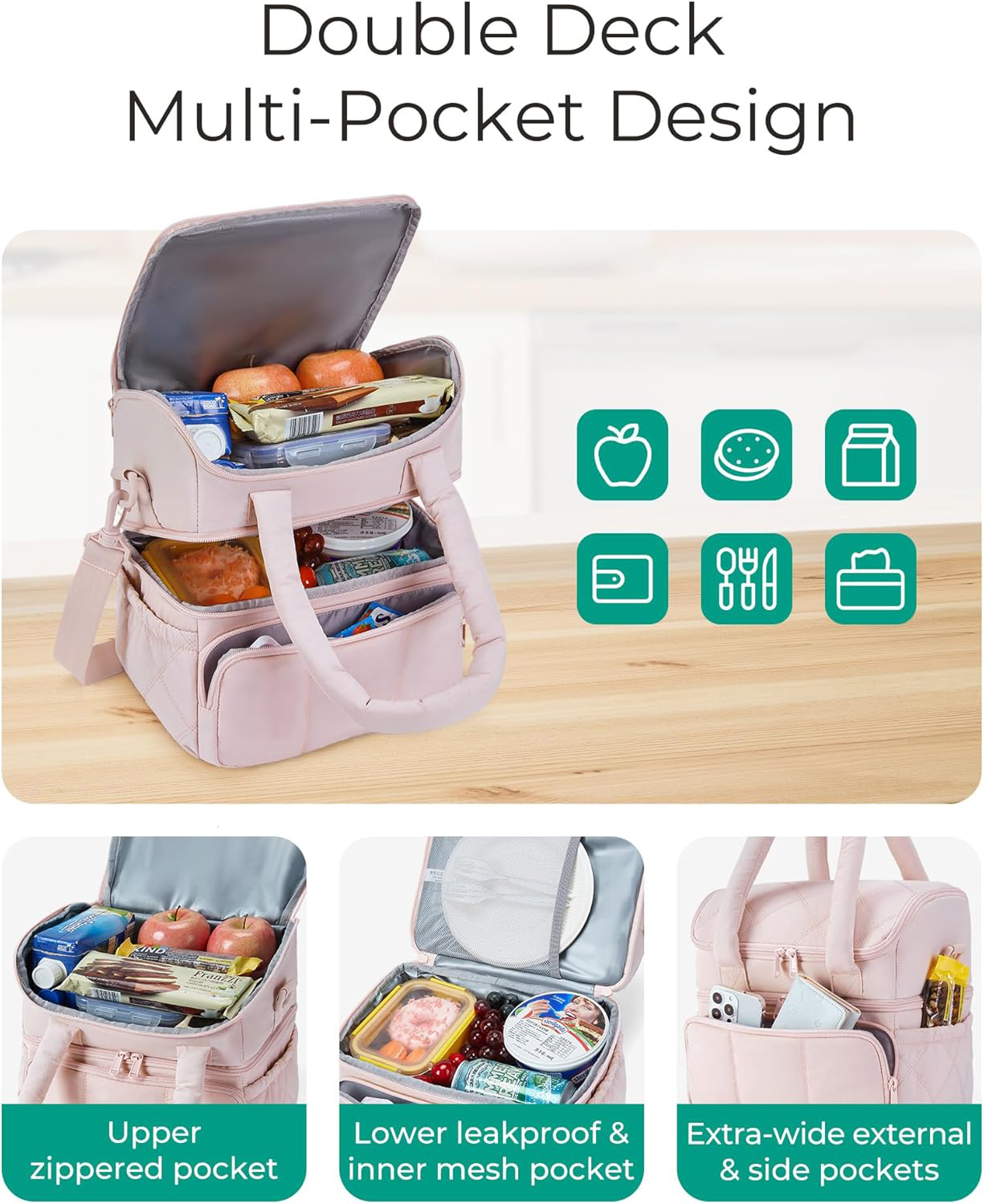 11.8L Two-Tier Insulated Lunch Bag, Quilted Water Resistant Cooler Tote with 12H Cold Retention & Detachable Shoulder Strap for Daily Work & Outdoor Picnic