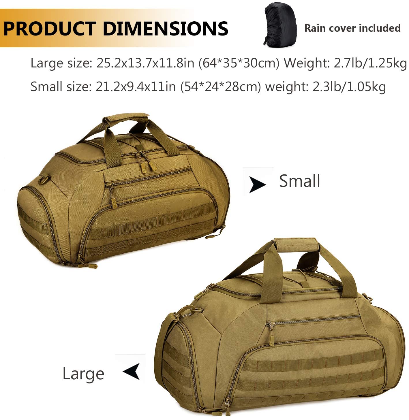2 Sizes Tactical Duffle Bag with Rain Cover, MOLLE Sports Travel Duffel Backpack, Water Resistant Gear Bag for Gym, Hunting, Camping, Shooting & Outdoor Travel