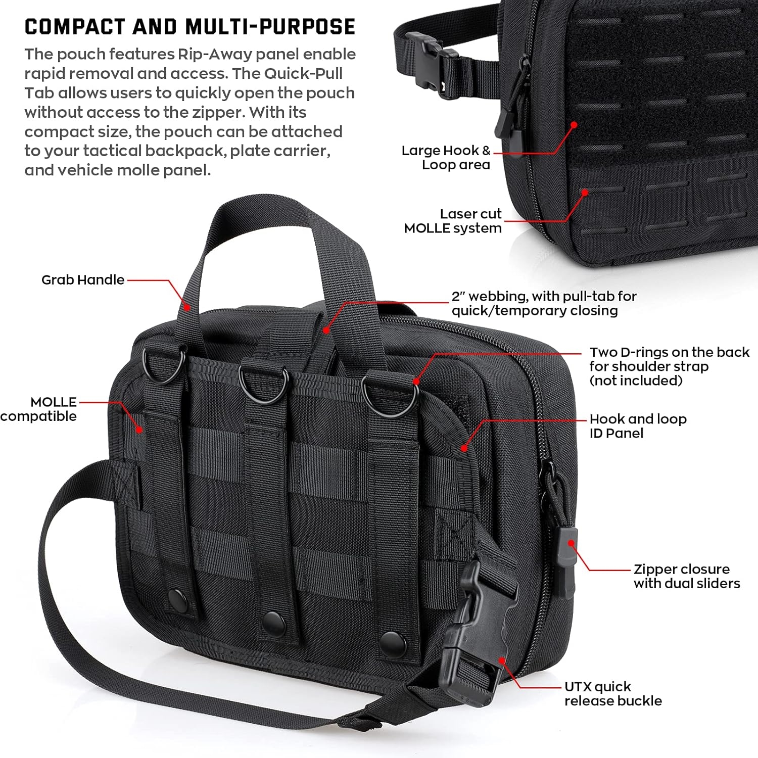 Rip-Away MOLLE Tactical Medical Pouch, Detachable Empty EMT Trauma Kit Bag with Bonus Reflective Cross Patch for Outdoor Emergency