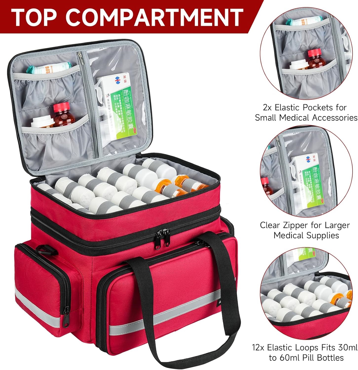 Waterproof Double Layer EMT First Aid Bag, Multi-Pocket Empty Medical Organizer with Lockable Zippers & Night Reflective Strips