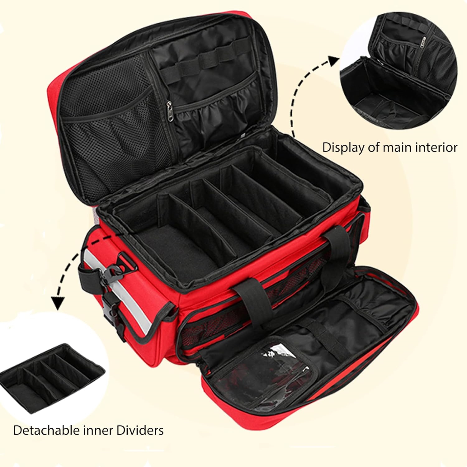 Reflective EMT First Aid Responder Bag, Empty Multi-Compartment Medical Carry Bag with Removable Dividers for Rescue & Household Use