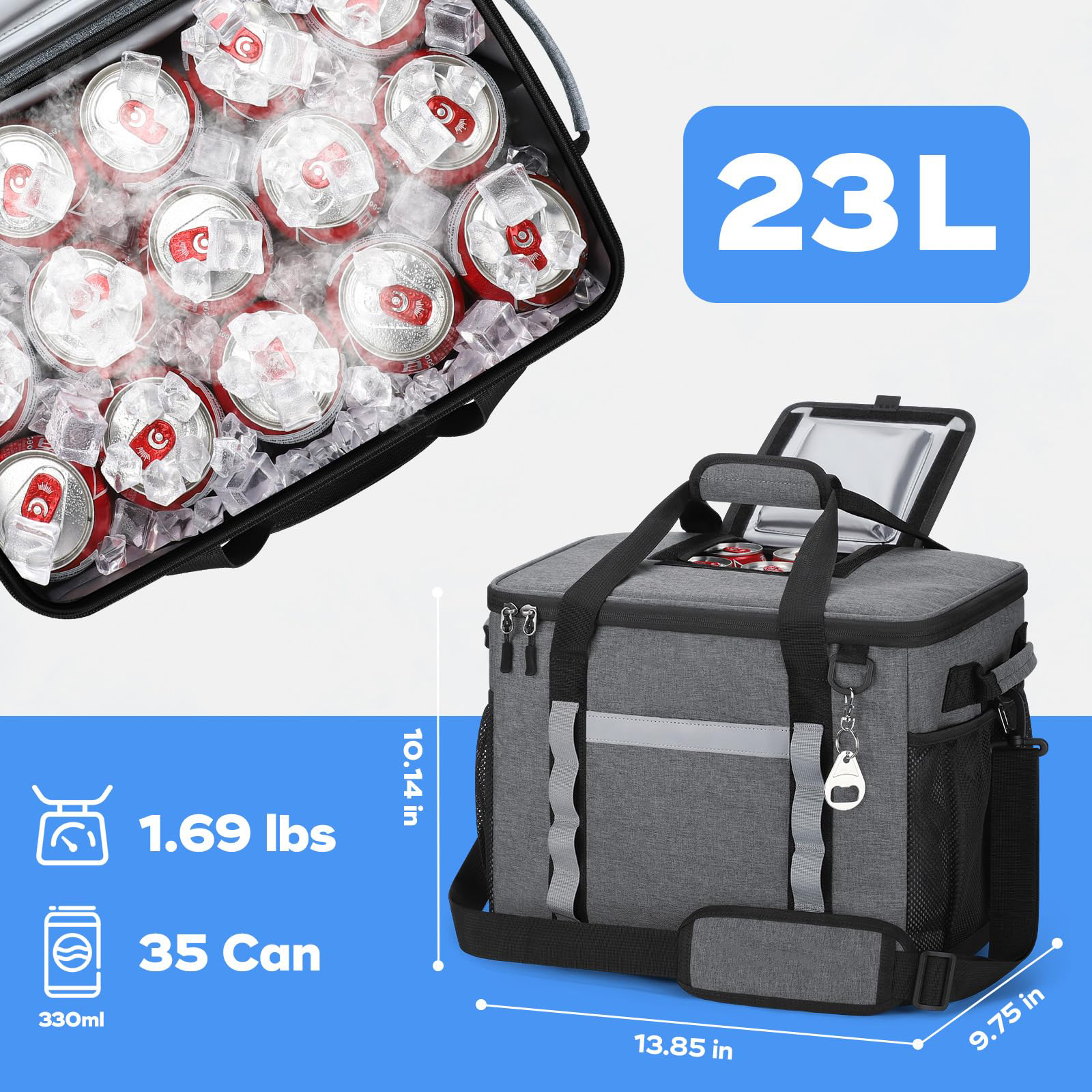 23L Large Insulated Cooler Bag, Lightweight Soft Cooler Holds 35 Cans with Reflective Strip & Built-in Bottle Opener for Outdoor Camping Fishing Beach Picnic