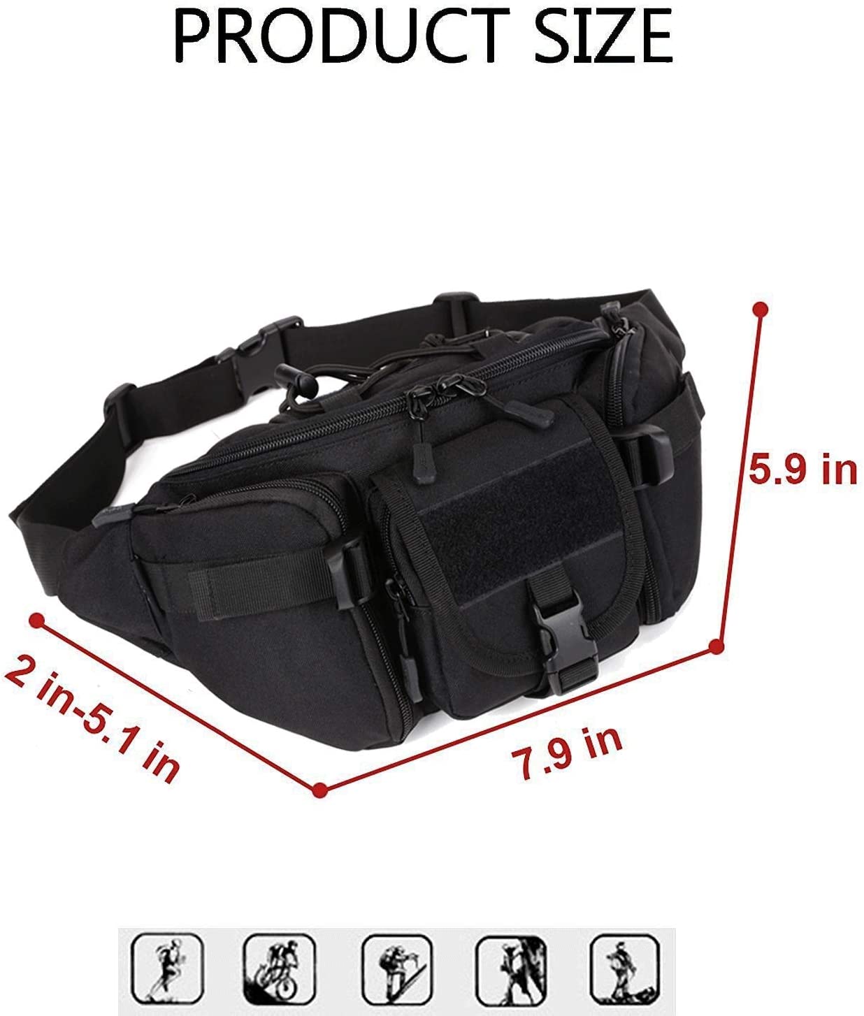 Tactical Fanny Pack, Multi-Pocket Waterproof Waist Bag with Hook-and-Loop Panel, Adjustable Hip Belt Bag for Hiking, Cycling, Camping, Daily EDC & Outdoor Activities