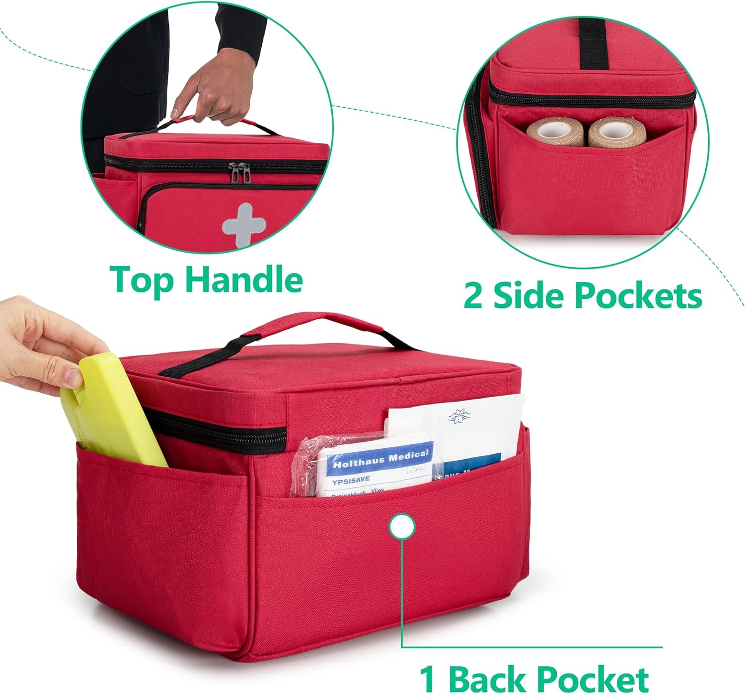 Spacious Portable Empty First Aid Kit Bag, Reflective Medical Carry Organizer with Multiple Side & Back Pockets for Household & Outdoor Use