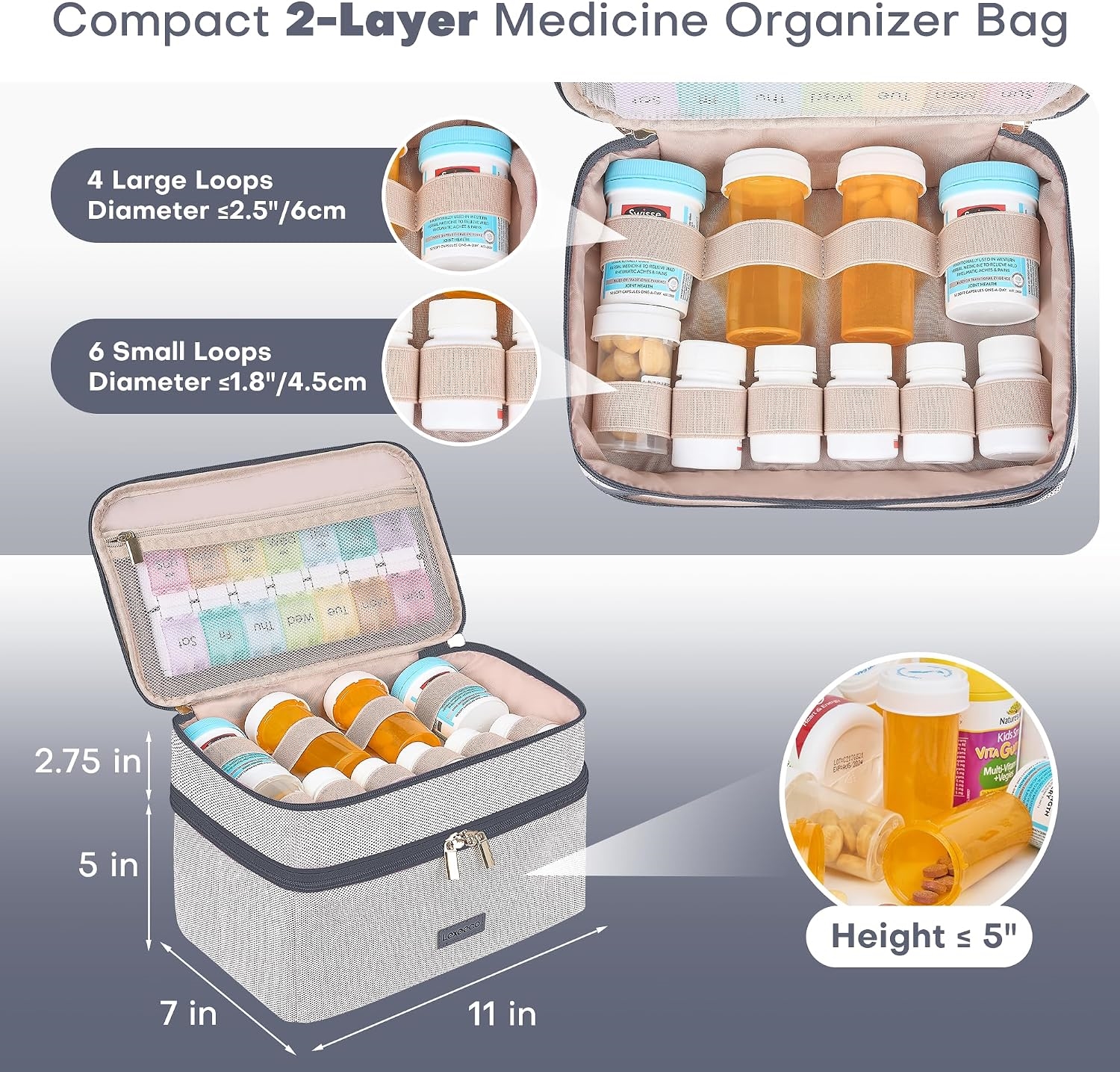 Compact 2-Layer Medicine Carry Bag, Water Resistant Pill Organizer with Multi-Size Elastic Loops for Travel & Household Prescription Storage