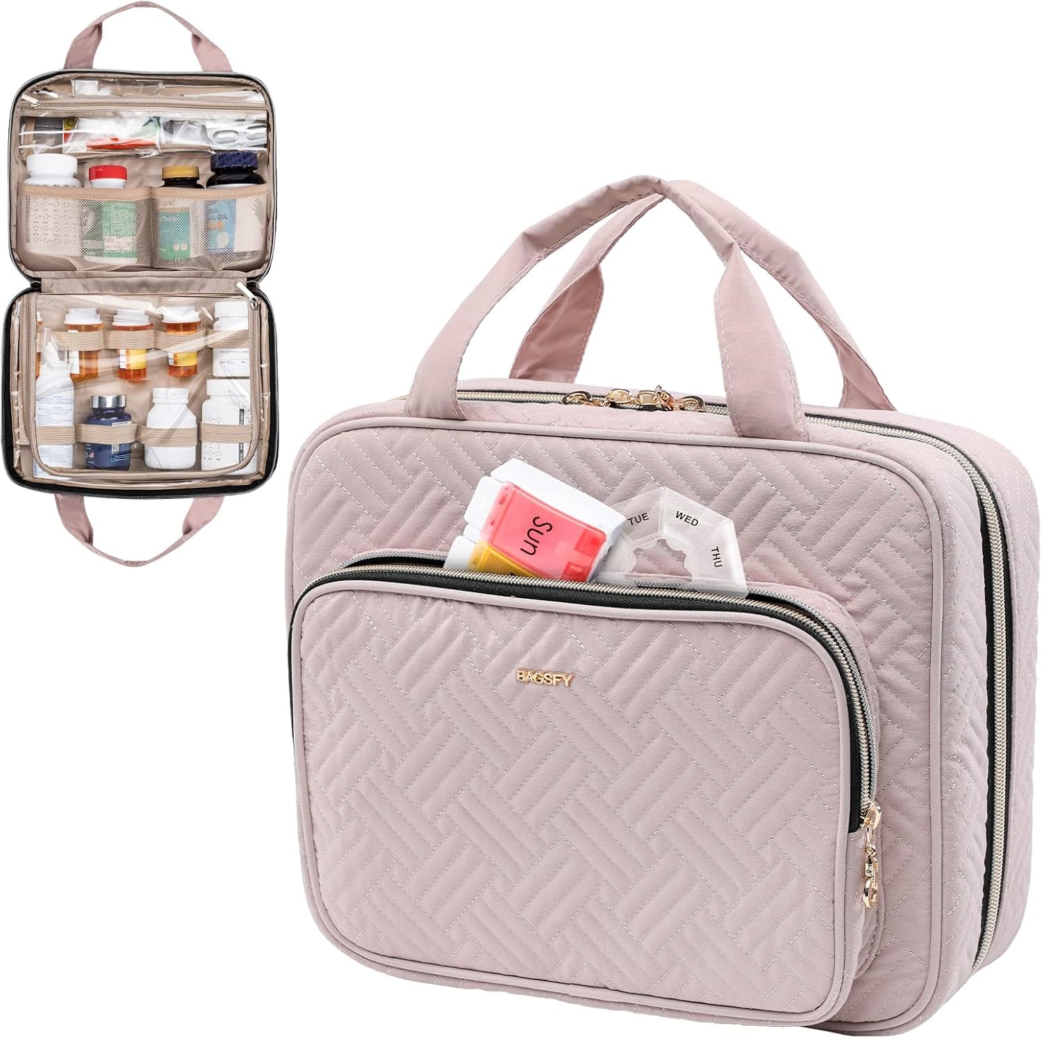 Spacious Clear Interior Medicine Carry Bag, Waterproof Quilted Pill Storage Organizer with Detachable Inner Bag for Travel & Household Medication