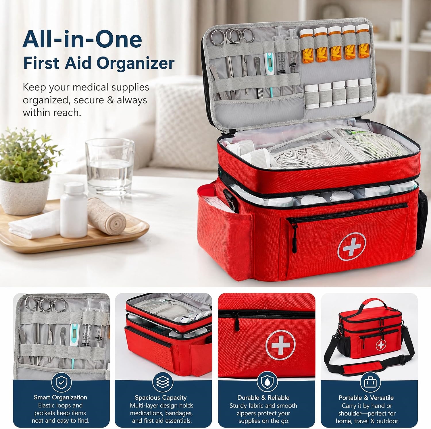 Spacious Waterproof First Aid Kit Bag, Large Capacity Medication Carry Bag with Removable Dividers & Crossbody Strap