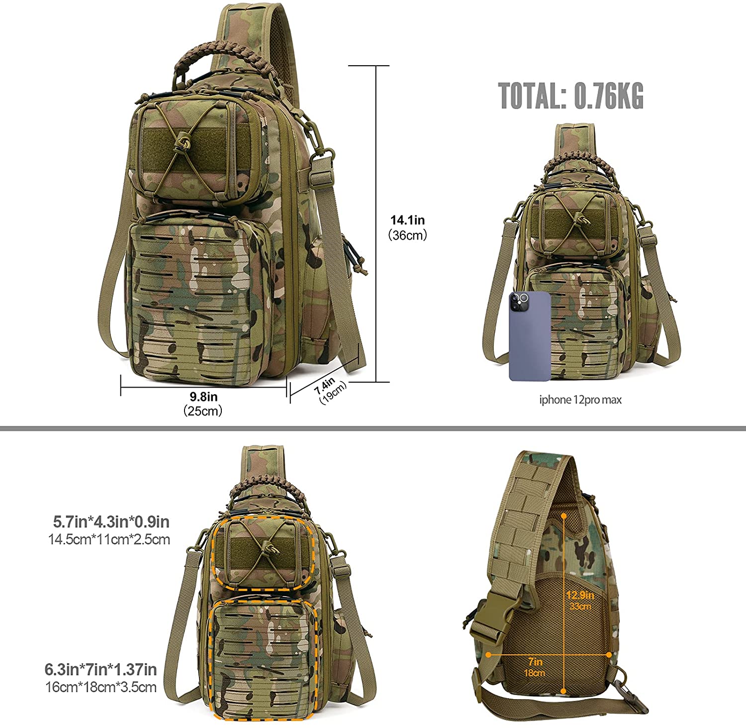 Camouflage Laser Cut MOLLE Tactical Sling Bag, Lightweight Crossbody Chest Pack, Modular EDC Shoulder Sling Backpack for Shooting, Hiking, Fishing & Daily Carry