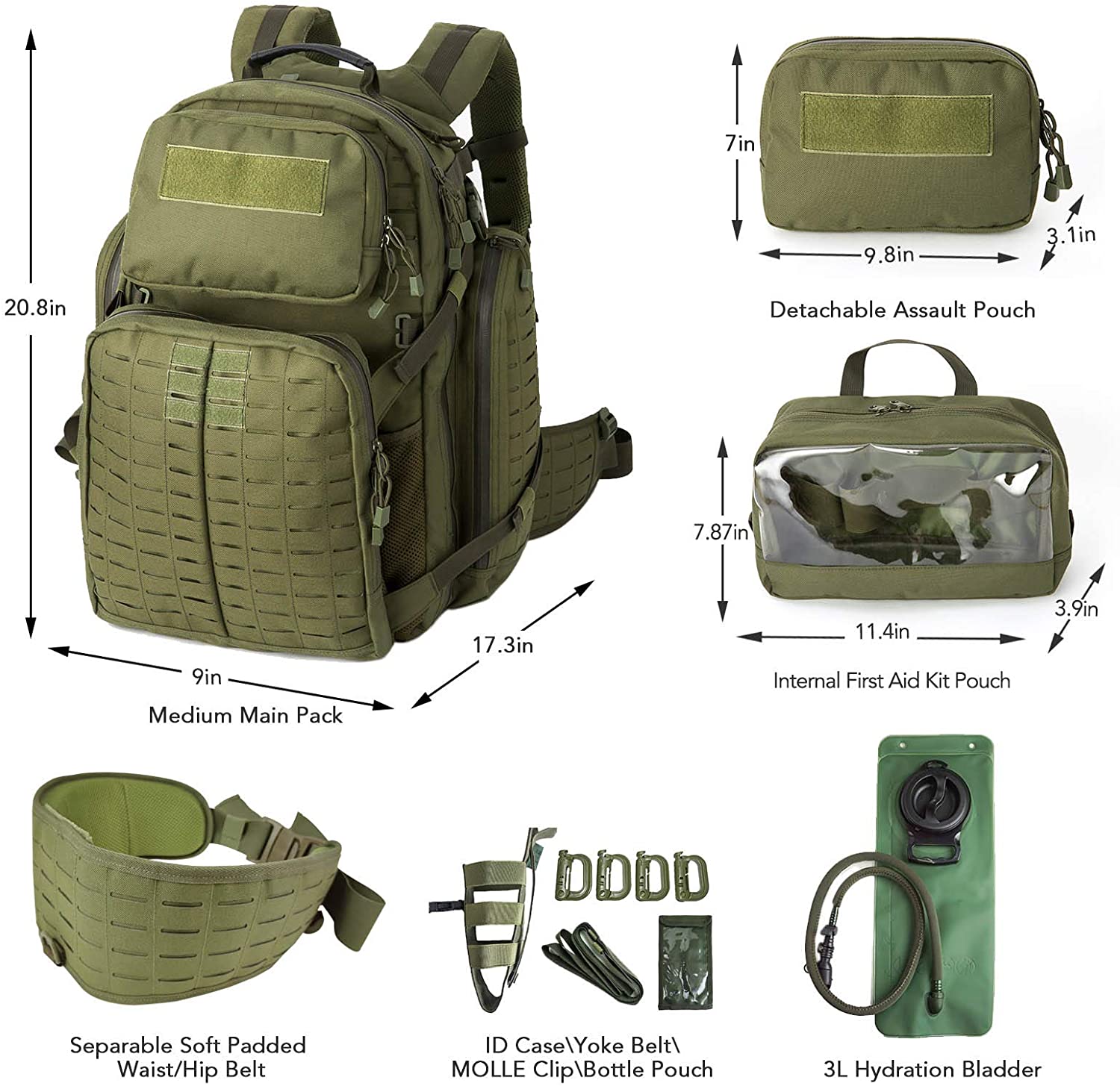 55L Laser Cut Tactical Backpack Full Set with 3L Hydration Bladder, Detachable Pouches & Waist Belt, Modular Military Backpack for Outdoor Camping, Hunting, Hiking & Emergency Gear
