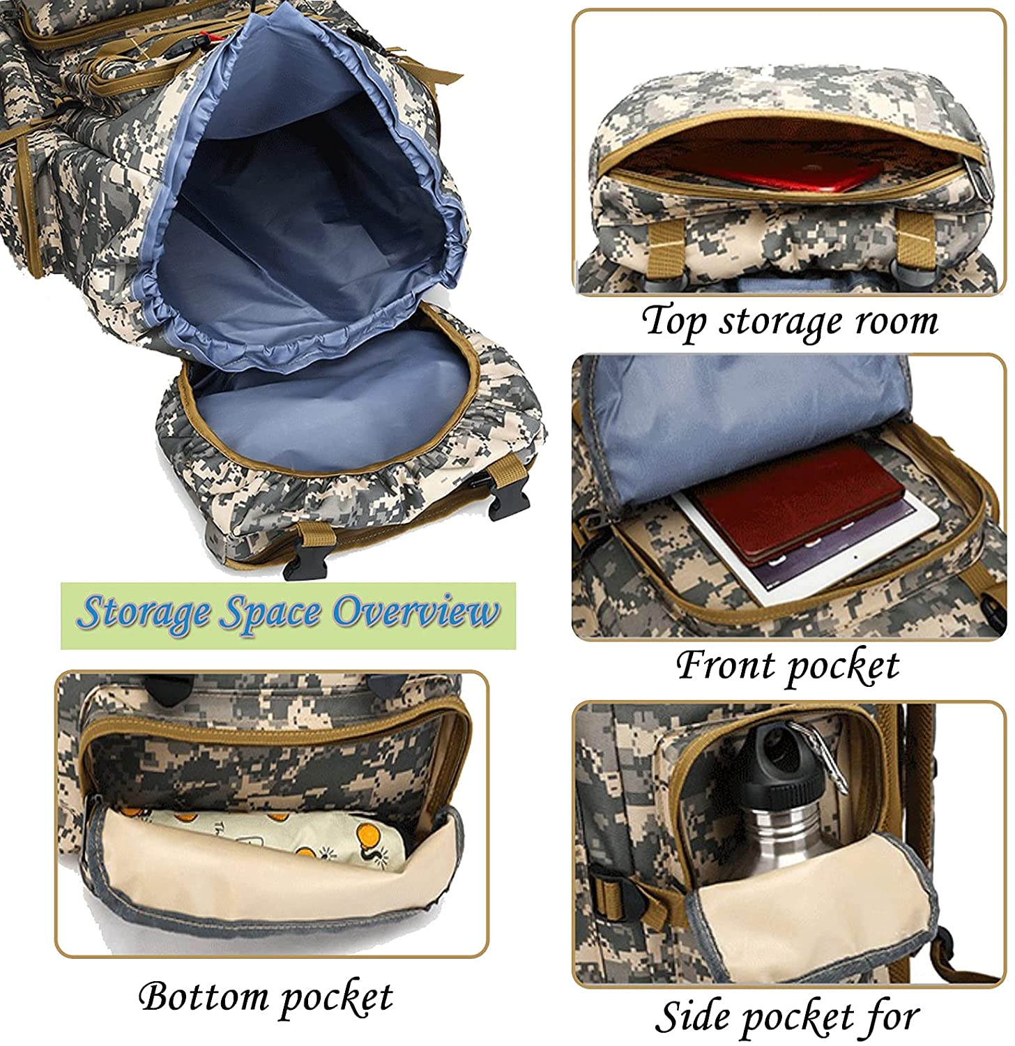 70-80L Large Capacity Military Tactical Backpack, Digital Camo MOLLE Rucksack, Waterproof Hiking Backpack for Camping, Mountaineering, Travel & Outdoor Survival
