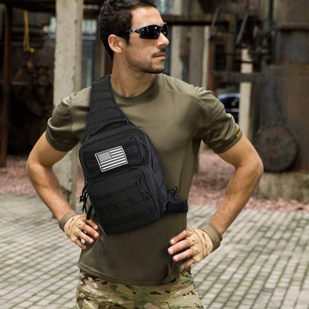 Tactical Sling Bag Crossbody Chest Pack, MOLLE EDC Shoulder Sling Backpack with Water Bottle Pouch, D-Rings & Flag Patch, Outdoor Daypack for Hiking, Shooting, Camping