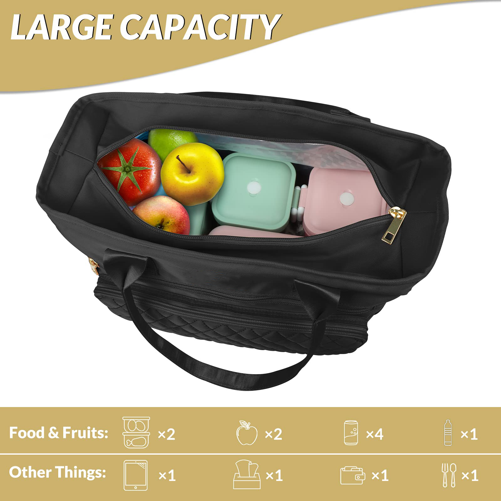 Quilted Multi-Pocket Insulated Lunch Bag, Waterproof Large Capacity Thermal Tote with Detachable Adjustable Shoulder Strap for Office & Daily Picnic