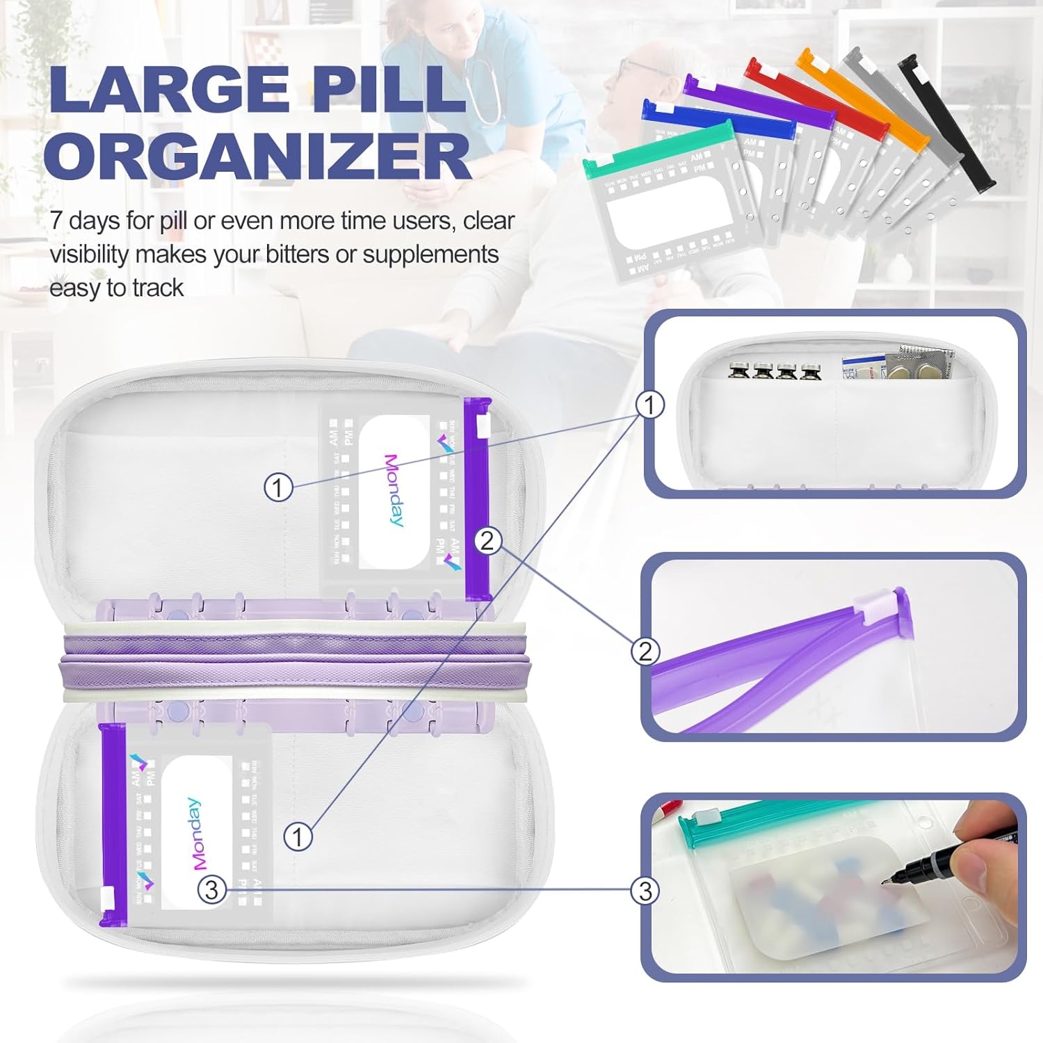 Portable Waterproof Pill Carry Bag with Reusable Transparent Weekly AM PM Medicine Pouches for Travel Daily Medication