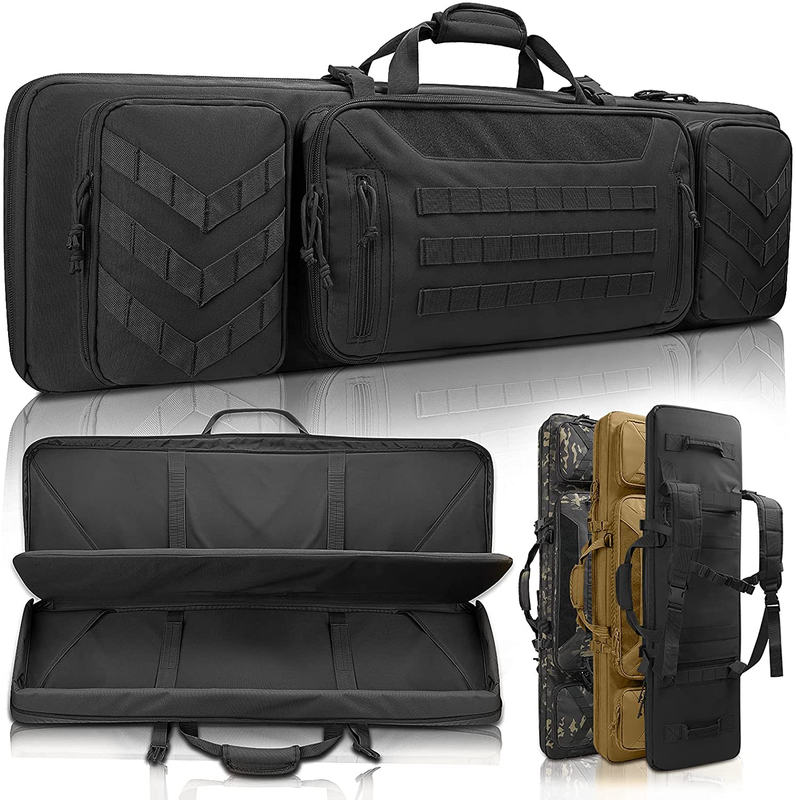 Padded Tactical Rifle Gun Bag, Water Resistant Molle Soft Long Firearm Case with Dual Pistol Pockets for Shooting Range Hunting Transport