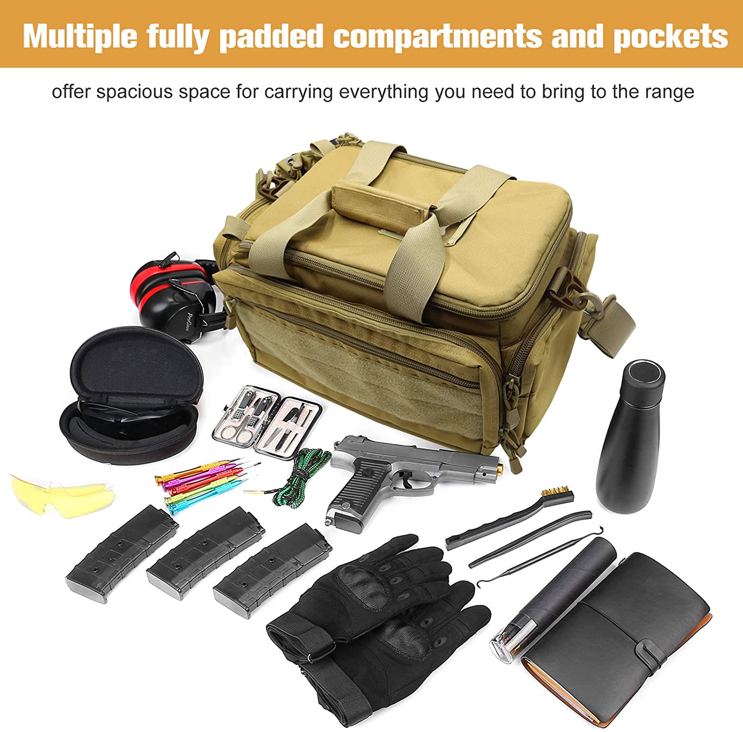 6 Magazine Loops Tactical Range Bag, 600D Waterproof Shooting Gun Bag with Insulated Water Bottle Pocket & Anti-Skid Bottom for Hunting Range Transport