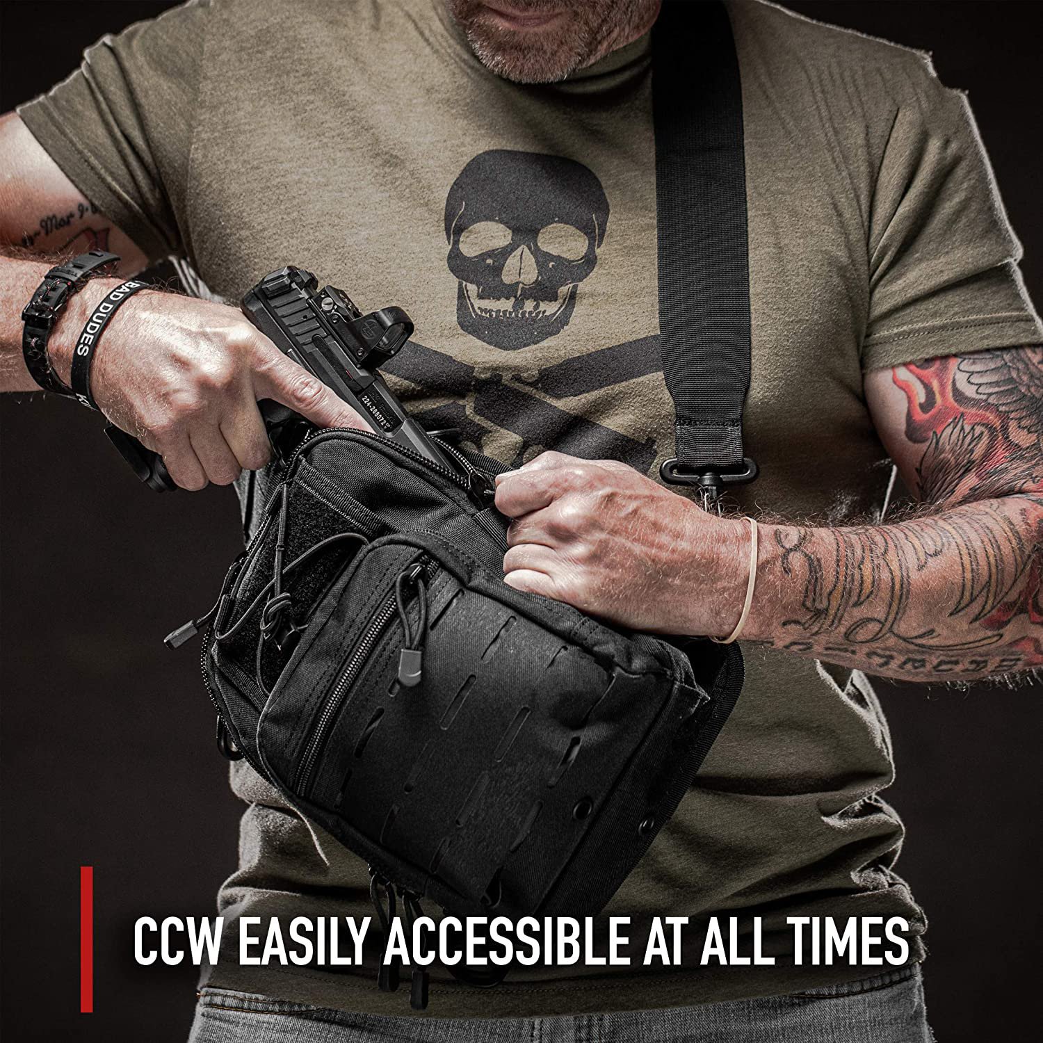Concealed Carry CCW Tactical Sling Bag, 600D Weatherproof Laser Cut Molle Crossbody Backpack with Dual Padded Gun Compartments