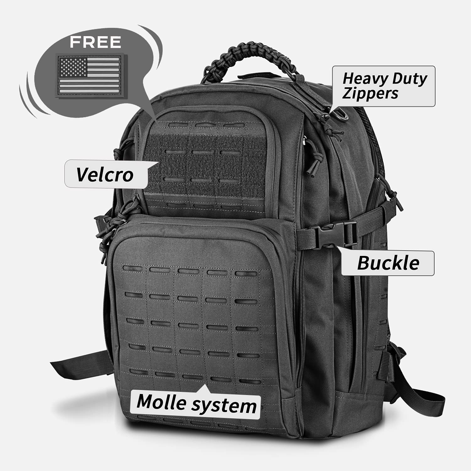 42L Tactical Backpack Laser Cut Molle System, 600D Oxford Military Rucksack with Braided Top Handle & Free USA Flag Patch for Outdoor Hunting Camping