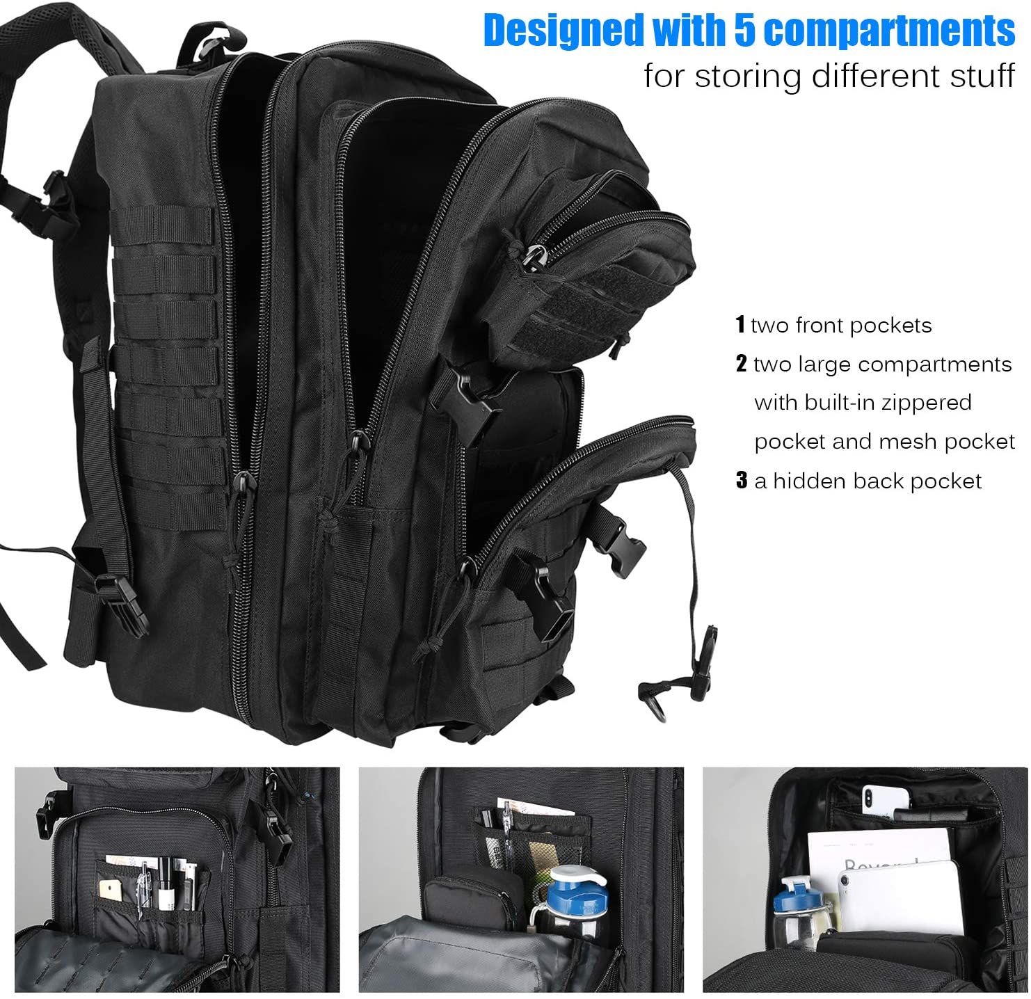 45L Tactical Military Backpack with 5 Storage Compartments, Water Resistant Molle Army Rucksack Hidden Back Pocket for Outdoor Hiking Camping Survival