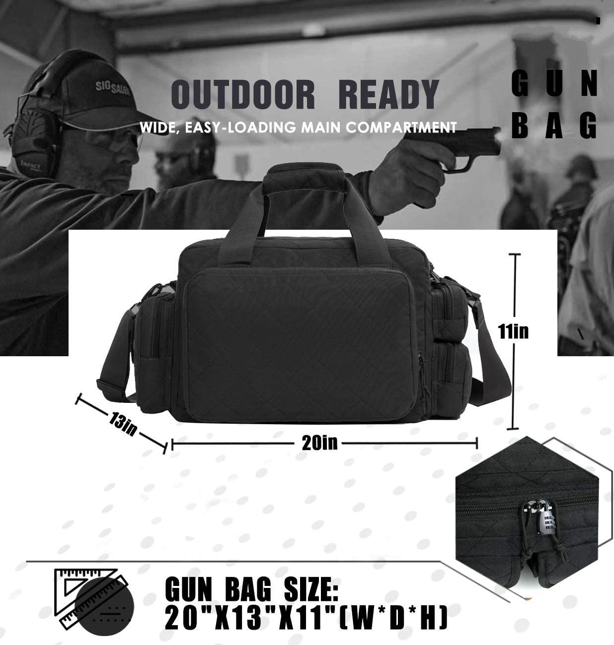 Lockable Tactical Gun Range Bag, Water Resistant Pistol Duffle Bag for Shooting Range & Hunting