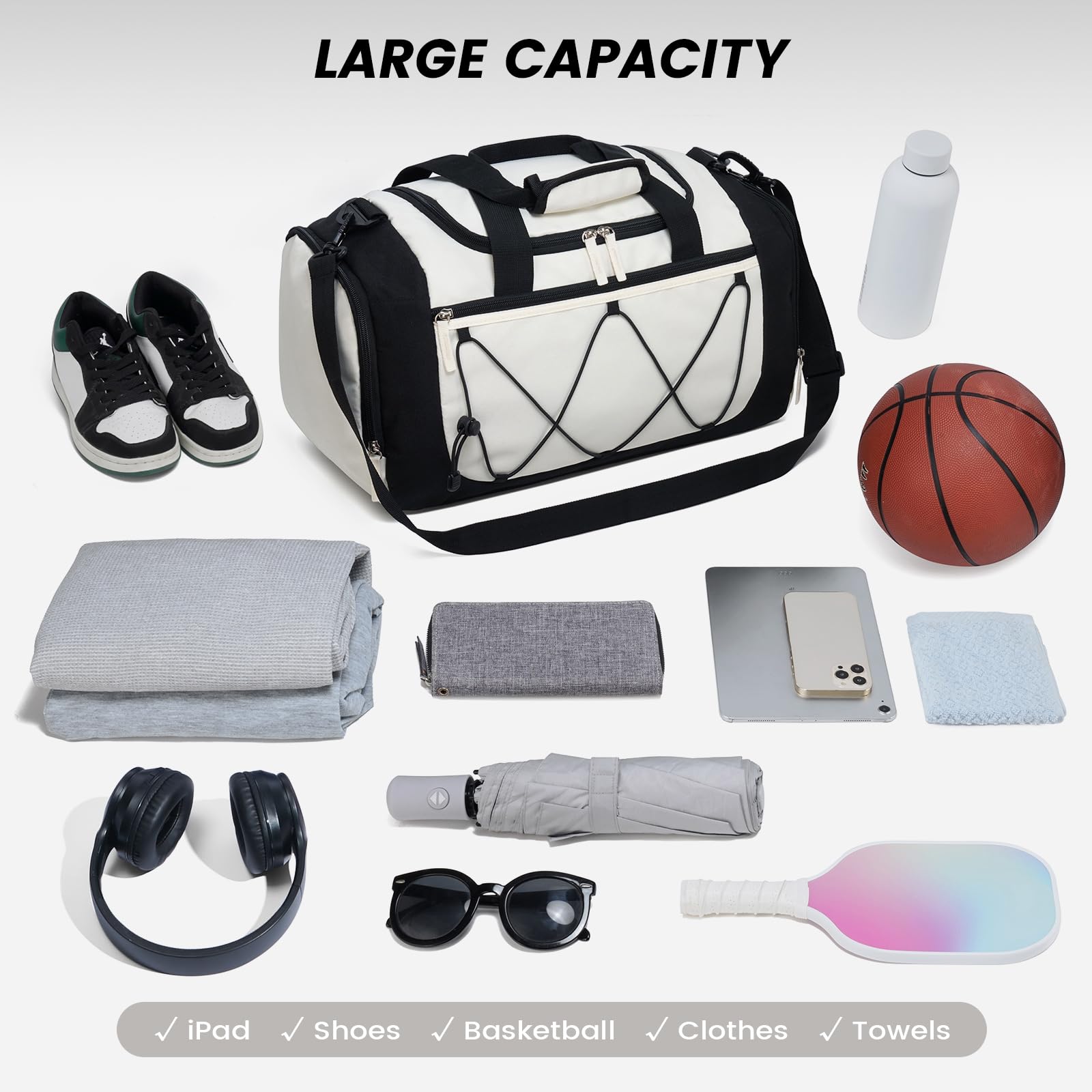 29L Large Sports Duffle Bag, Multi Compartment Gym Carry Bag with Separate Shoe Pocket & Adjustable Crossbody Strap