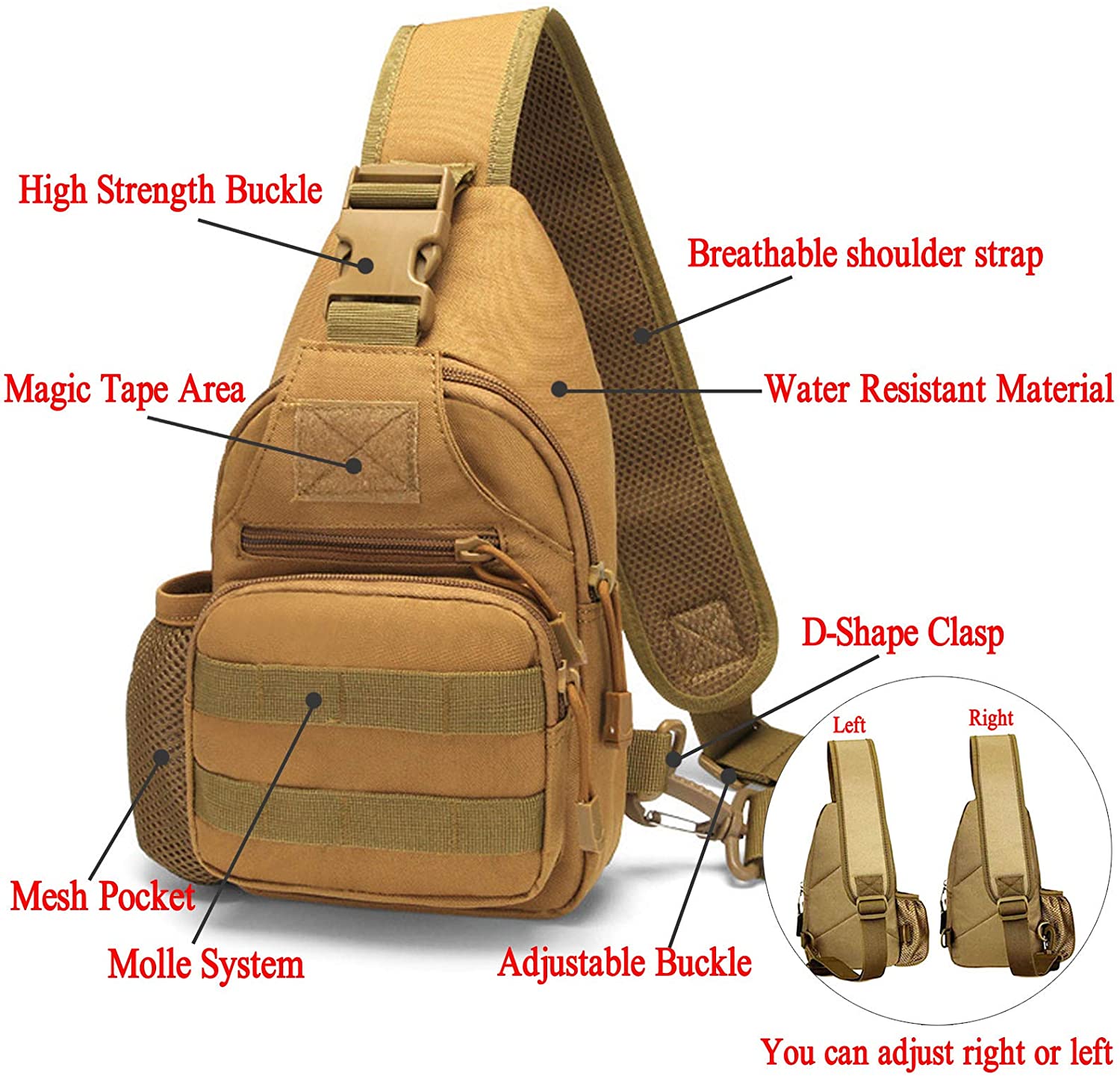 Tactical Sling Bag, Lightweight Crossbody Chest Pack, Outdoor Shoulder Sling Backpack Fit 7.9-inch Tablet for Hiking, Cycling, Daily EDC