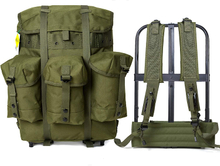 Vintage Olive Military Canvas Rucksack, Large Capacity External Frame Backpack with 3 Detachable Utility Pouches