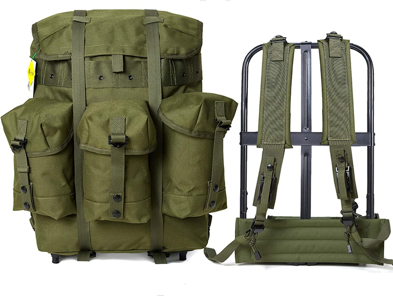 Vintage Olive Military Canvas Rucksack, Large Capacity External Frame Backpack with 3 Detachable Utility Pouches