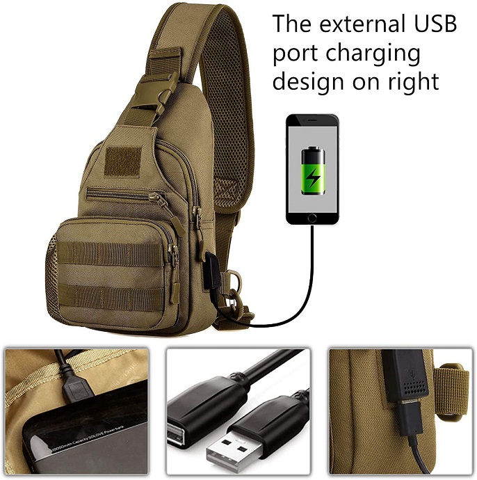 Tactical Sling Bag with External USB Charging Port, Lightweight MOLLE Crossbody Chest Pack, Water Resistant EDC Shoulder Bag for Outdoor Hiking Fishing Cycling Daily Carry