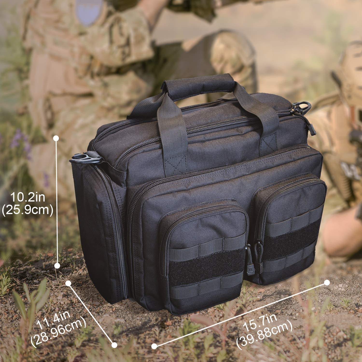 600D Oxford Tactical Gun Range Bag, Waterproof Dustproof Shooting Duffle Handbag with Anti-Skid Base, Multi-Pocket Pistol Carry Case for Shooting Range Hunting Storage