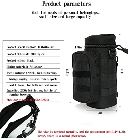 600D Nylon Tactical Water Bottle Pouch, MOLLE Water Bottle Carrier with Detachable Shoulder Strap & Side Storage Pocket for Outdoor Hiking Camping