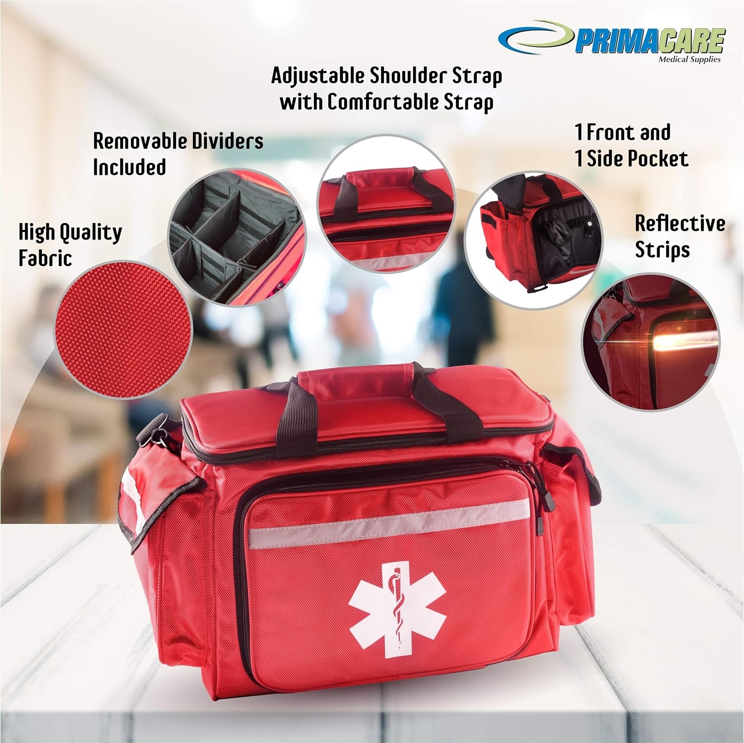 Reflective Star of Life EMT First Aid Bag, Empty Multi-Compartment Medical Responder Bag with Removable Dividers for Rescue & Clinic Use