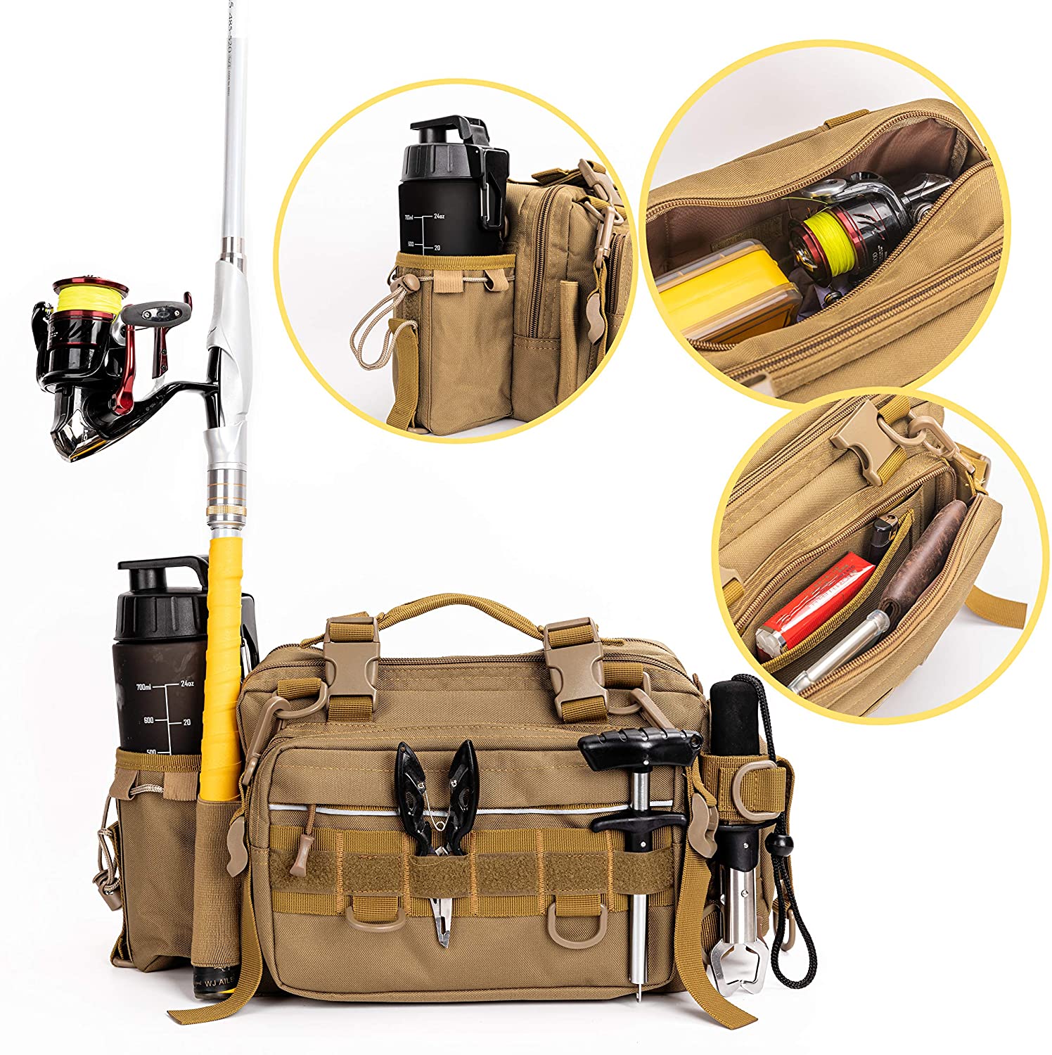 Tactical Fishing Tackle Bag, Multi-Pocket Outdoor Lumbar Gear Bag with Water Bottle Holder, MOLLE Utility Sling Pack for Fishing, Hiking, Camping & EDC Outdoor